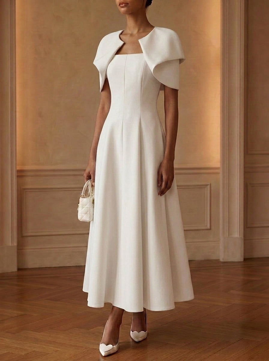 A-Line/Princess Scoop Stretch Satin Cocktail Dresses Tea-Length Short Sleeves Little White Dresses Party Dresses