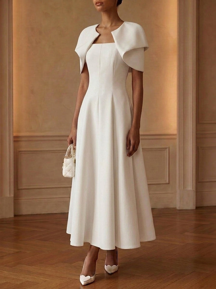 A-Line/Princess Scoop Stretch Satin Cocktail Dresses Tea-Length Short Sleeves Little White Dresses Party Dresses