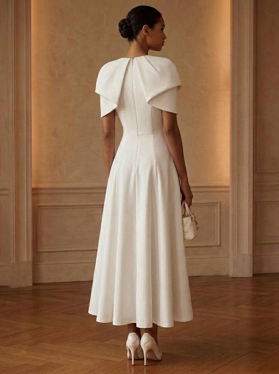 A-Line/Princess Scoop Stretch Satin Cocktail Dresses Tea-Length Short Sleeves Little White Dresses Party Dresses