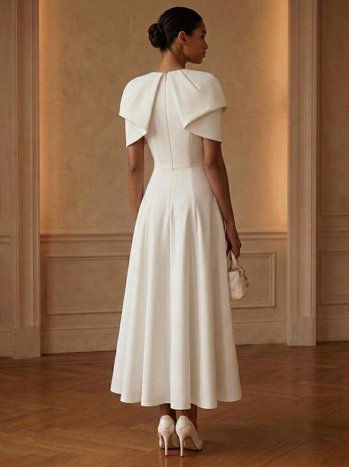 A-Line/Princess Scoop Stretch Satin Cocktail Dresses Tea-Length Short Sleeves Little White Dresses Party Dresses