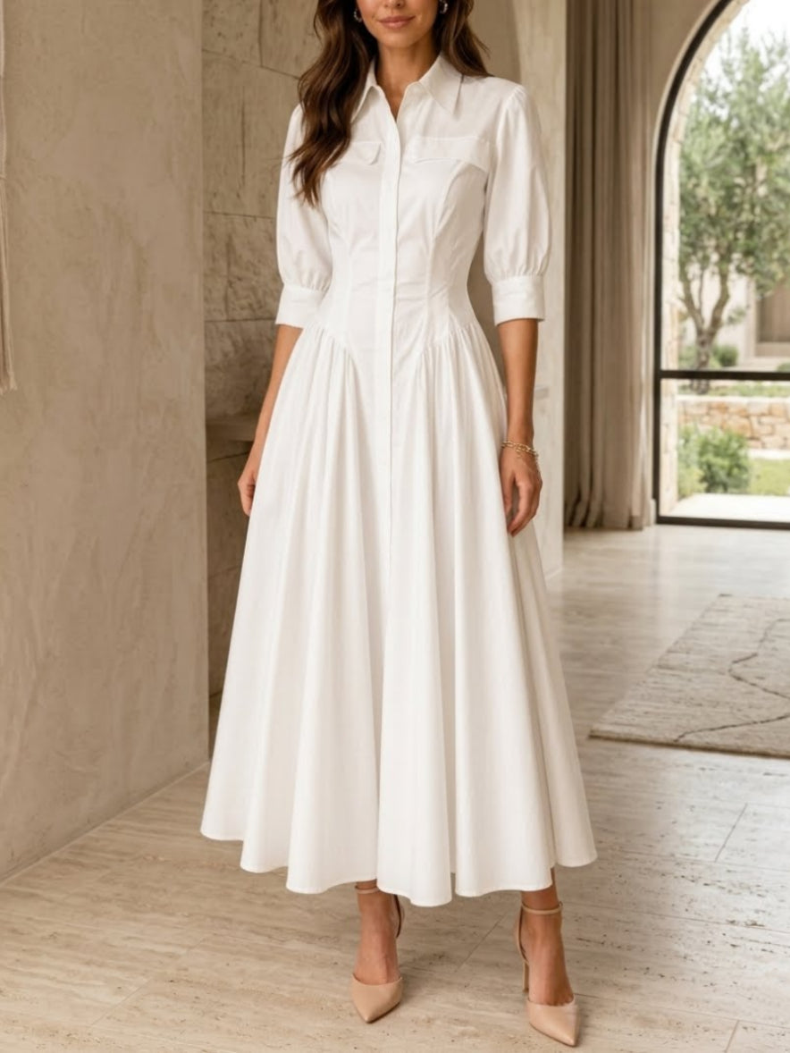 A-Line/Princess Shirt Collar Taffeta Cocktail Dresses 3/4 Sleeves Tea-Length Ruched Little White Dresses Party Dresses
