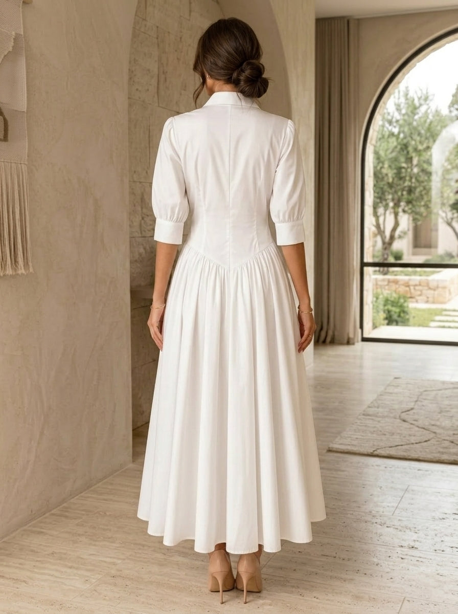 A-Line/Princess Shirt Collar Taffeta Cocktail Dresses 3/4 Sleeves Tea-Length Ruched Little White Dresses Party Dresses
