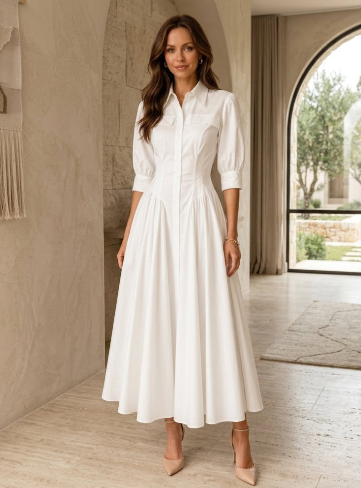 A-Line/Princess Shirt Collar Taffeta Cocktail Dresses 3/4 Sleeves Tea-Length Ruched Little White Dresses Party Dresses