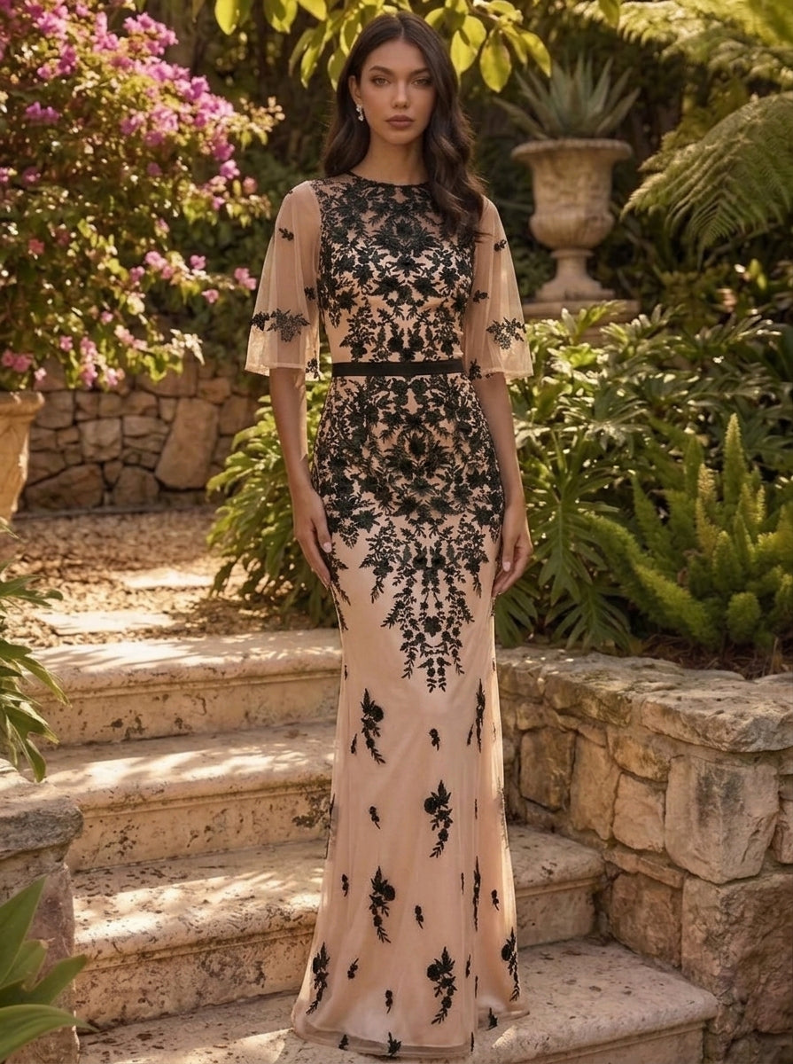 Sheath/Column Scoop Lace Evening Dresses Floor-Length Floral Short Sleeves Formal Dresses