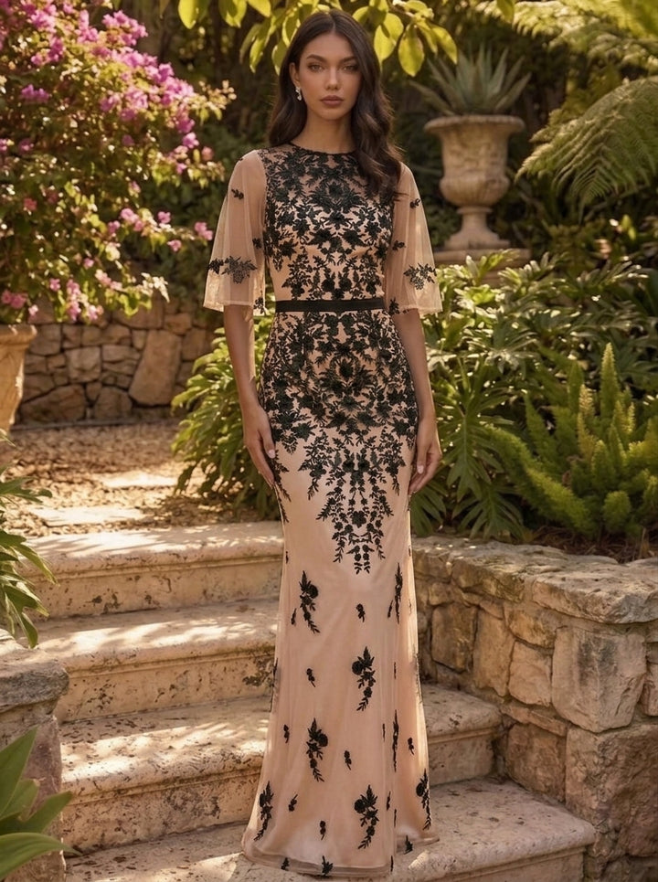 Sheath/Column Scoop Lace Evening Dresses Floor-Length Floral Short Sleeves Formal Dresses