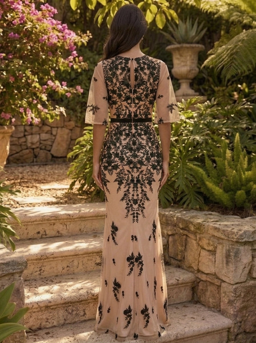 Sheath/Column Scoop Lace Evening Dresses Floor-Length Floral Short Sleeves Formal Dresses