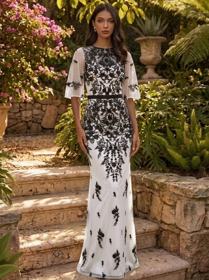 Sheath/Column Scoop Lace Evening Dresses Floor-Length Floral Short Sleeves Formal Dresses