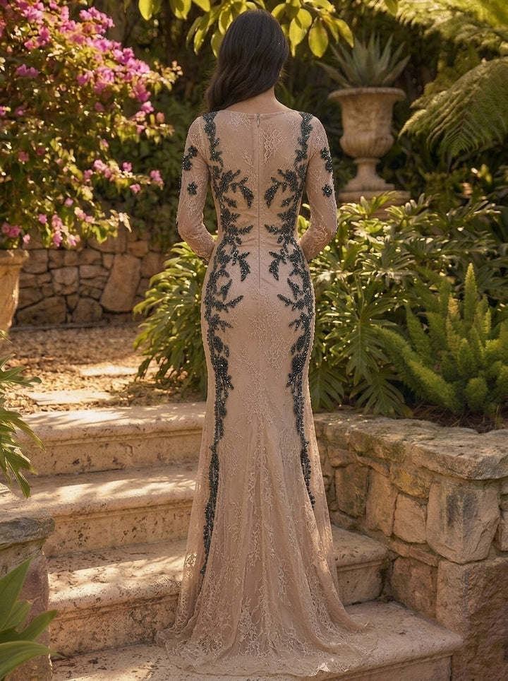 Trumpet/Mermaid V-Neck Lace Evening Dresses Floor-Length Floral Long Sleeves Formal Dresses