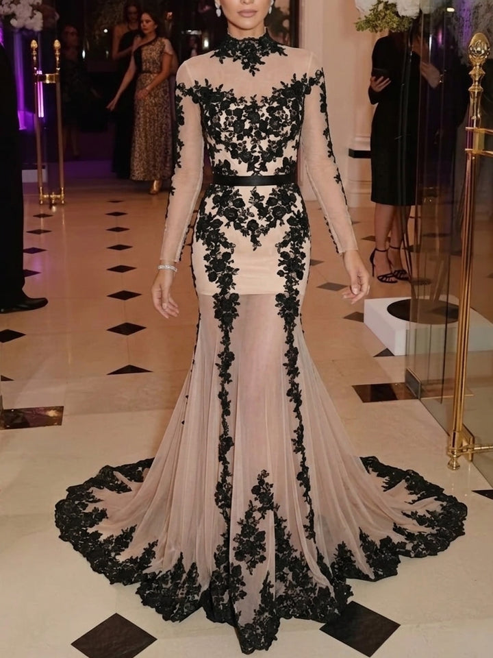 Trumpet/Mermaid Mock Neck Lace Evening Dresses Floor-Length Floral Long Sleeves Sweep Train Formal Dresses