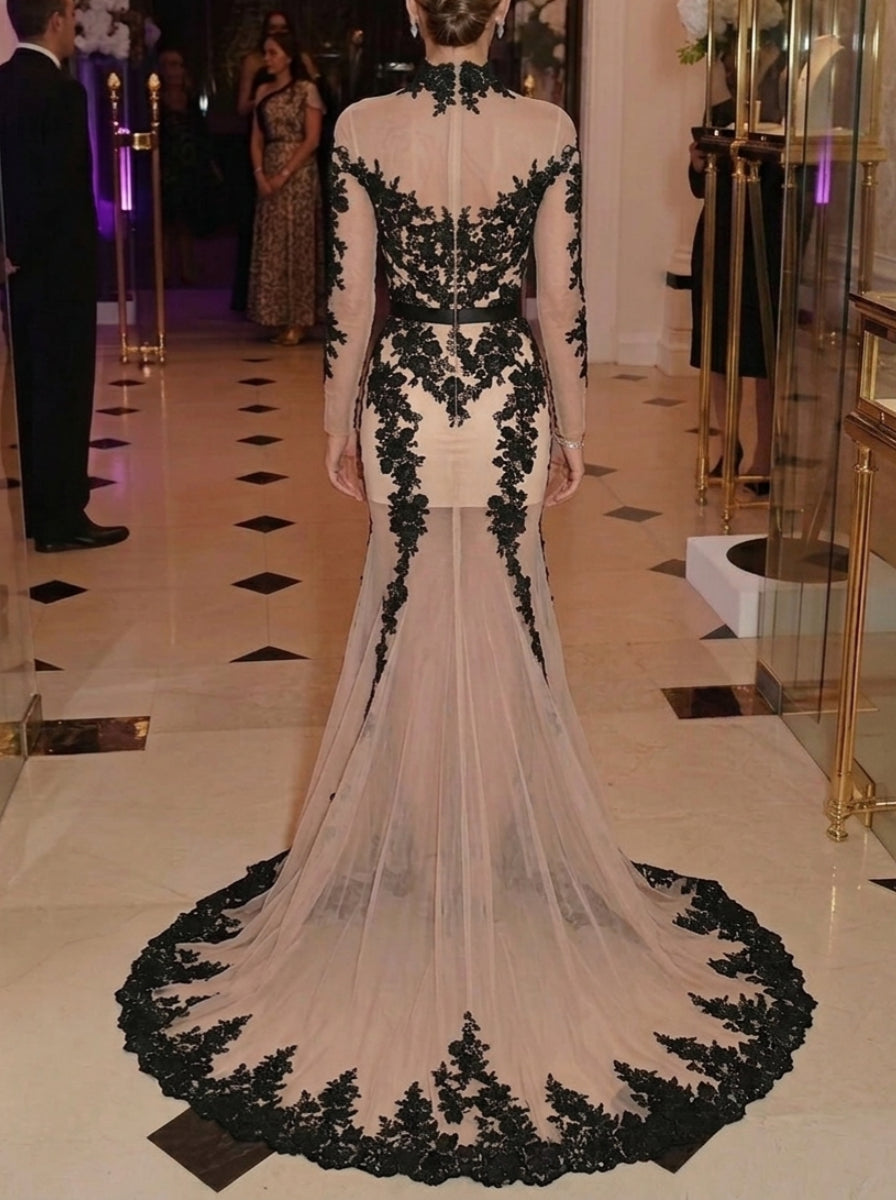 Trumpet/Mermaid Mock Neck Lace Evening Dresses Floor-Length Floral Long Sleeves Sweep Train Formal Dresses