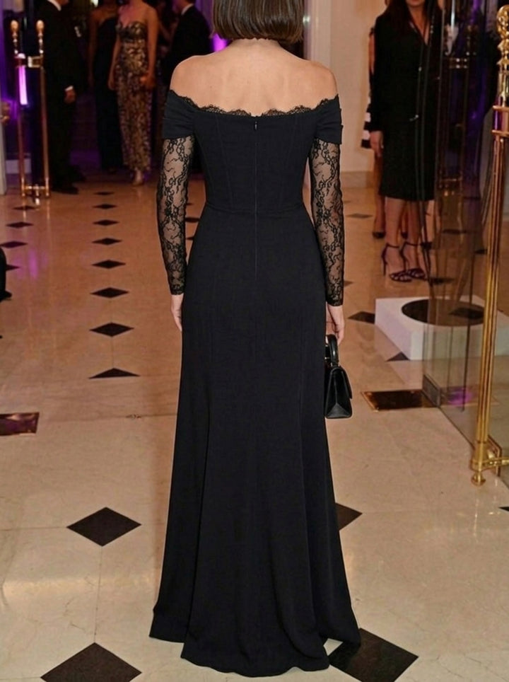 A-Line/Princess Off-the-Shoulder Stretch Satin Evening Dresses with Split Side Lace Floral Floor-Length Long Sleeves Formal Dresses
