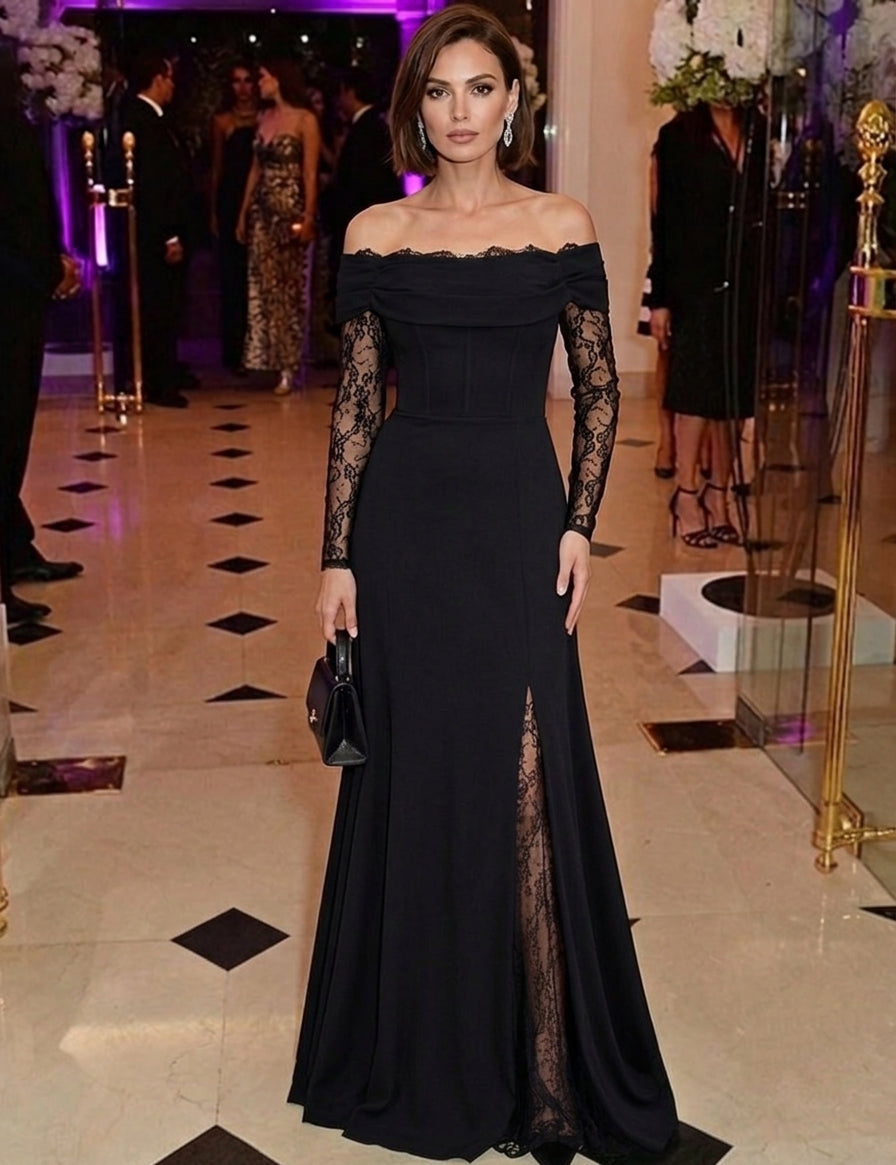 A-Line/Princess Off-the-Shoulder Stretch Satin Evening Dresses with Split Side Lace Floral Floor-Length Long Sleeves Formal Dresses