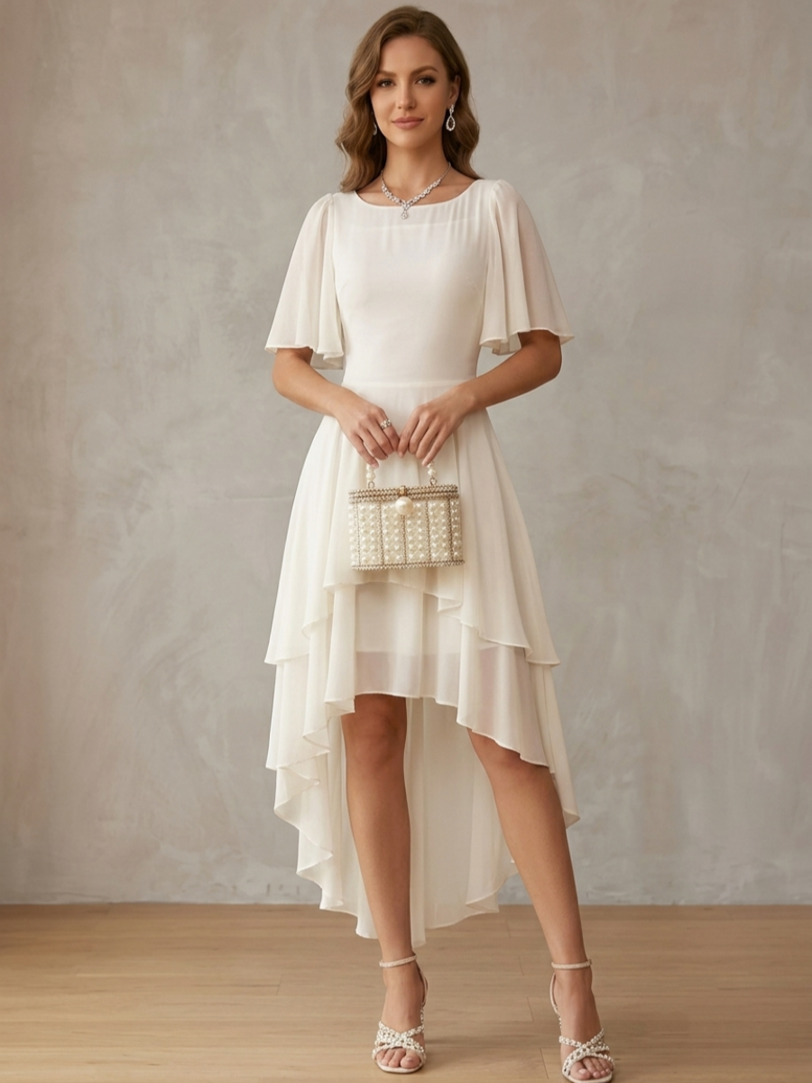 A-Line/Princess Scoop Chiffon Cocktail Dresses Short Sleeves High-Low Tea-Length Little White Dresses Ruffles Party Dresses