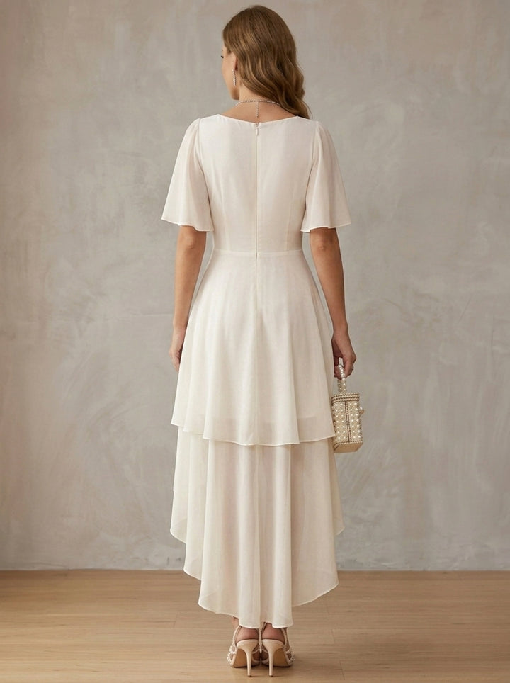 A-Line/Princess Scoop Chiffon Cocktail Dresses Short Sleeves High-Low Tea-Length Little White Dresses Ruffles Party Dresses