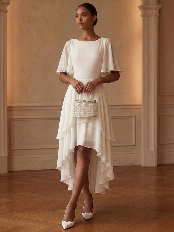 A-Line/Princess Scoop Chiffon Cocktail Dresses Short Sleeves High-Low Tea-Length Little White Dresses Ruffles Party Dresses