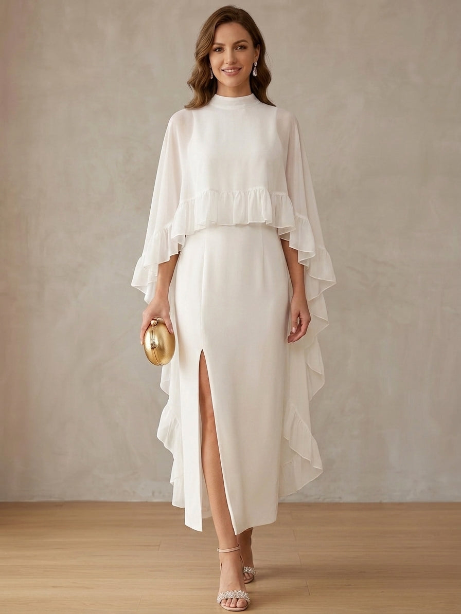 2 Pieces Sheath/Column Mock Neck Chiffon Cocktail Dresses with Cape 3/4 Sleeves Split Side Ankle-Length Little White Dresses Ruffles Party Dresses