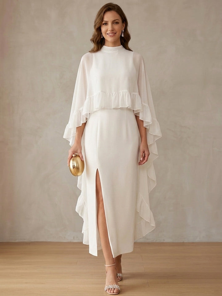 2 Pieces Sheath/Column Mock Neck Chiffon Cocktail Dresses with Cape 3/4 Sleeves Split Side Ankle-Length Little White Dresses Ruffles Party Dresses