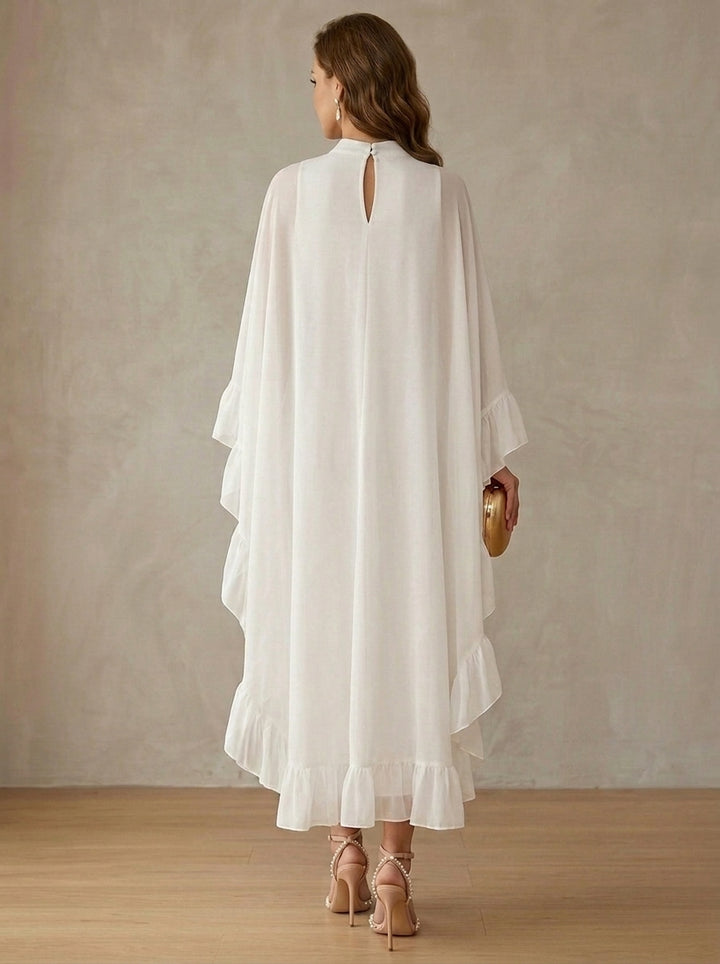 2 Pieces Sheath/Column Mock Neck Chiffon Cocktail Dresses with Cape 3/4 Sleeves Split Side Ankle-Length Little White Dresses Ruffles Party Dresses