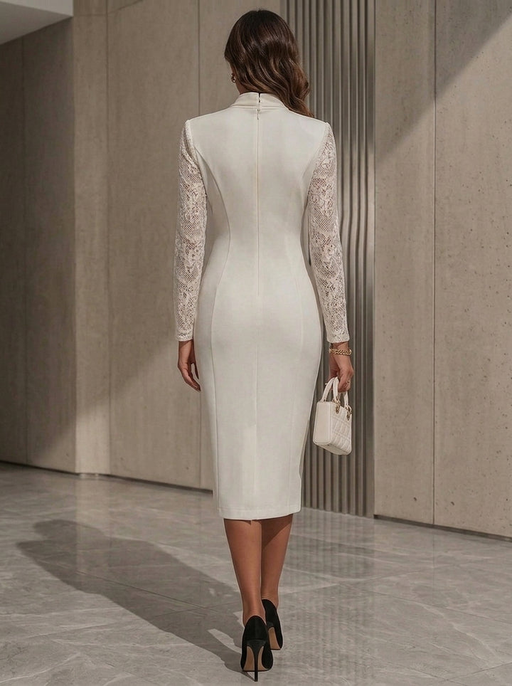 Sheath/Column V-Neck Stretch Satin Cocktail Dresses Tea-Length Lace Long Sleeves Little White Dresses Party Dresses