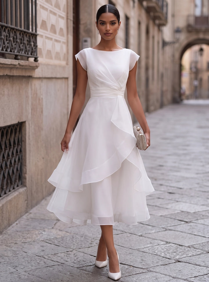 A-Line/Princess Boat Neck Cocktail Dresses Organza Tea-Length Cap Sleeves Little White Dresses Ruffles Party Dresses