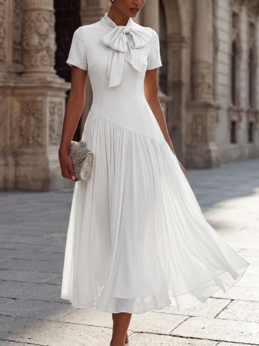 A-Line/Princess Bowknot Neck Chiffon Cocktail Dresses Short Sleeves Tea-Length Little White Dresses Pleated Party Dresses