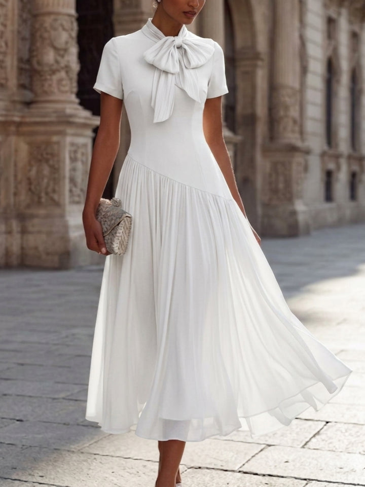 A-Line/Princess Bowknot Neck Chiffon Cocktail Dresses Short Sleeves Tea-Length Little White Dresses Pleated Party Dresses