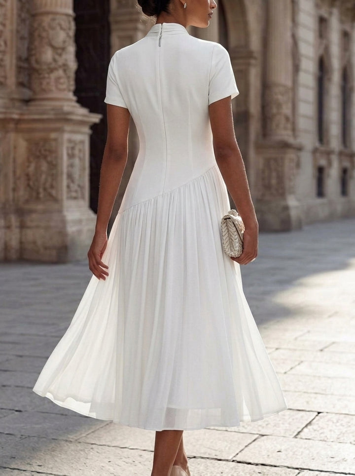 A-Line/Princess Bowknot Neck Chiffon Cocktail Dresses Short Sleeves Tea-Length Little White Dresses Pleated Party Dresses