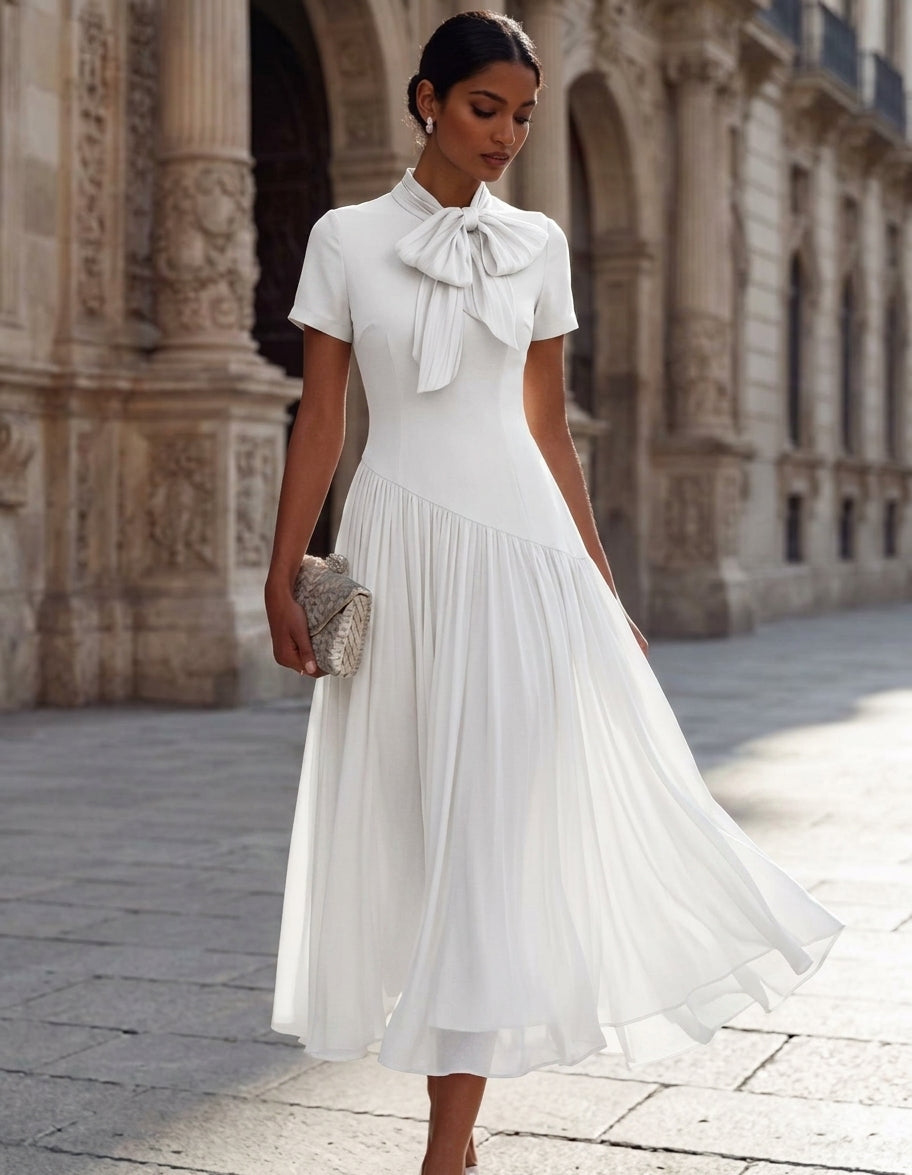 A-Line/Princess Bowknot Neck Chiffon Cocktail Dresses Short Sleeves Tea-Length Little White Dresses Pleated Party Dresses