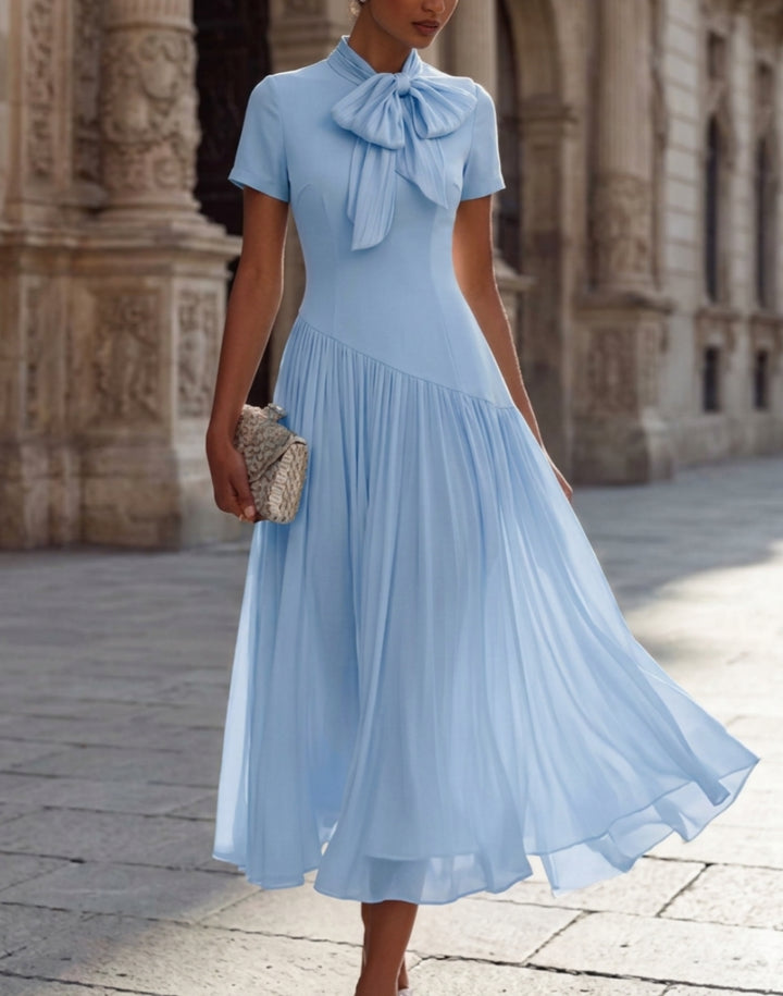 A-Line/Princess Bowknot Neck Chiffon Cocktail Dresses Short Sleeves Tea-Length Little White Dresses Pleated Party Dresses