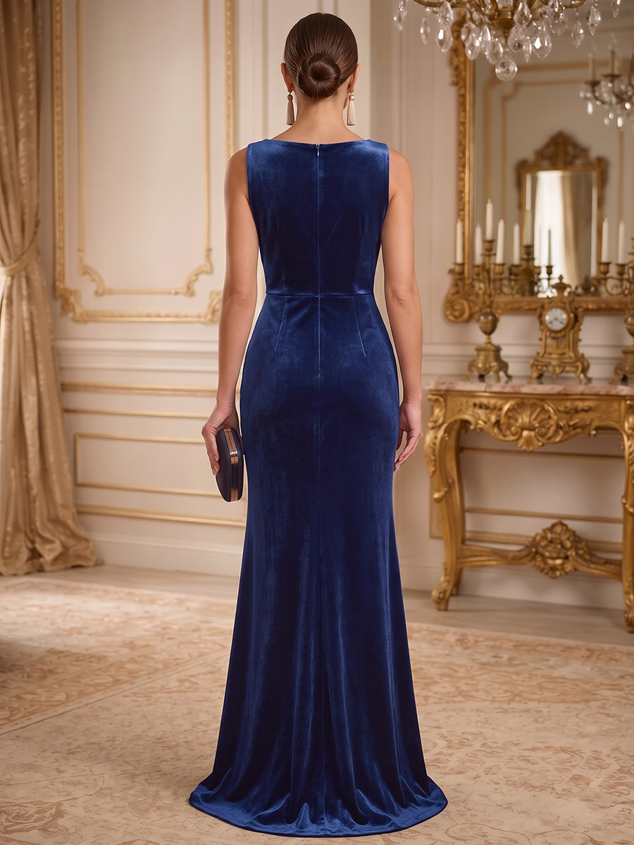 Sheath/Column Scoop Velvet Formal Dresses with Split Side Floor-Length Sleeveless Evening Dresses