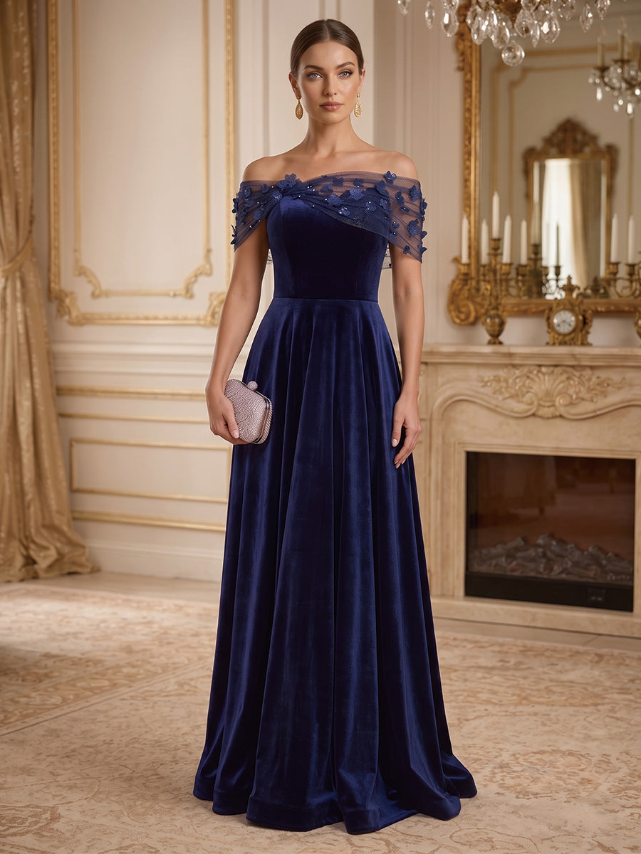 A-Line/Princess Off-the-Shoulder Velvet Formal Dresses with 3D Flowers Floor-Length Sleeveless Evening Dresses