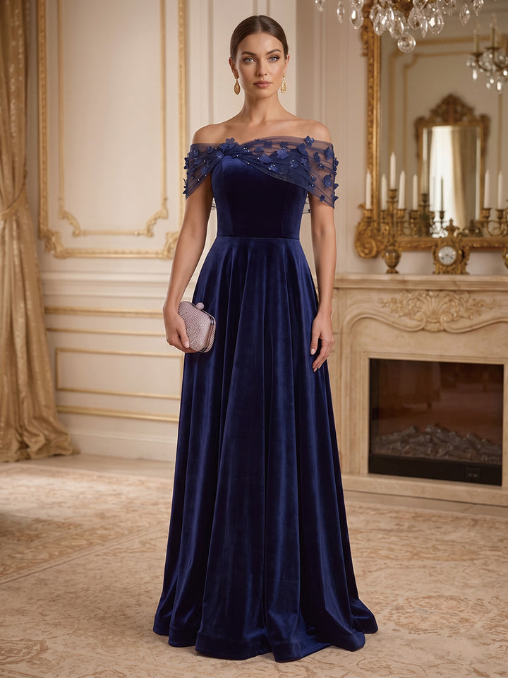 A-Line/Princess Off-the-Shoulder Velvet Formal Dresses with 3D Flowers Floor-Length Sleeveless Evening Dresses