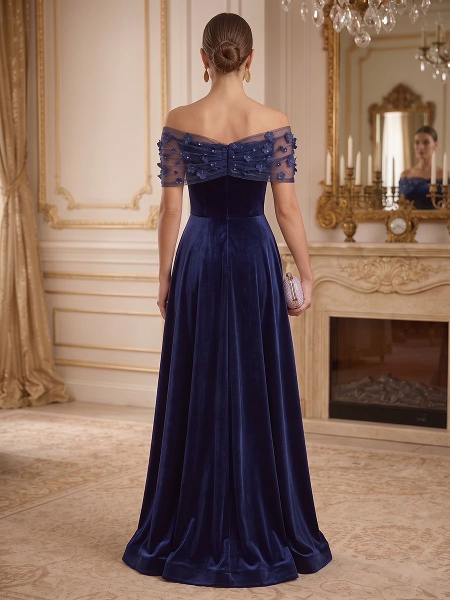 A-Line/Princess Off-the-Shoulder Velvet Formal Dresses with 3D Flowers Floor-Length Sleeveless Evening Dresses