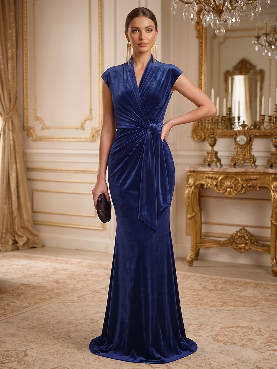 Sheath/Column V-Neck Velvet Formal Dresses Floor-Length Ruched Cap Sleeves Evening Dresses