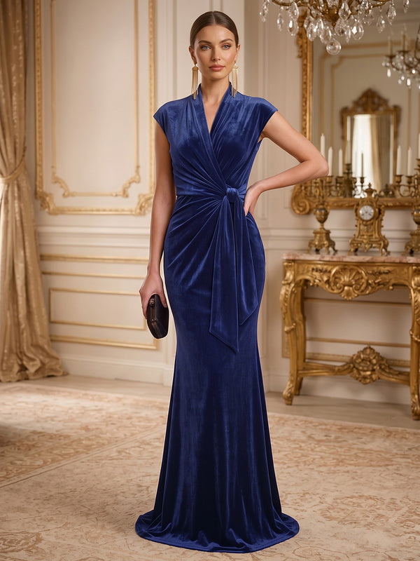 Sheath/Column V-Neck Velvet Formal Dresses Floor-Length Ruched Cap Sleeves Evening Dresses