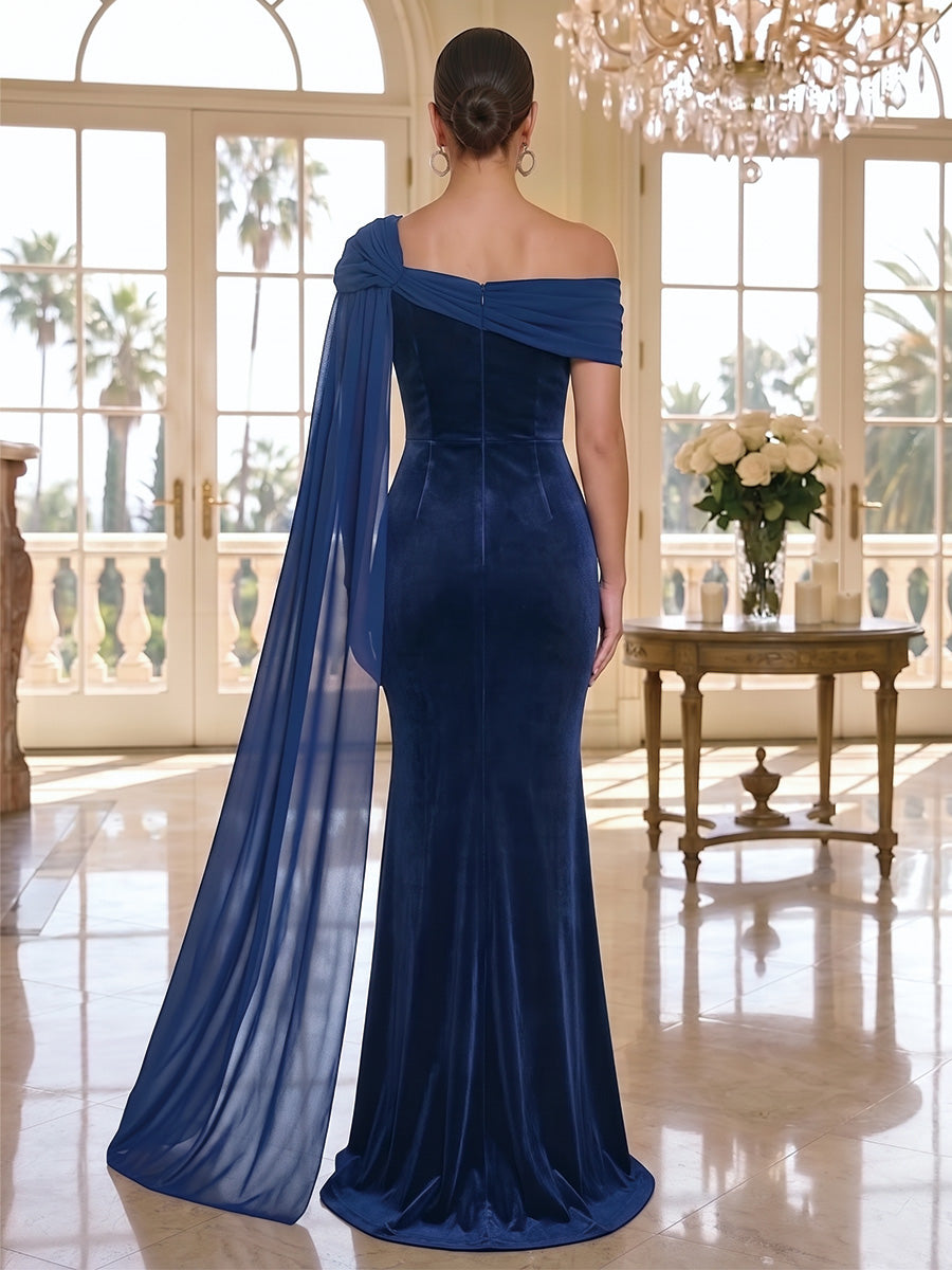 Sheath/Column One-Shoulder Velvet Formal Dresses with Chiffon Watteau Train Floor-Length Sleeveless Evening Dresses