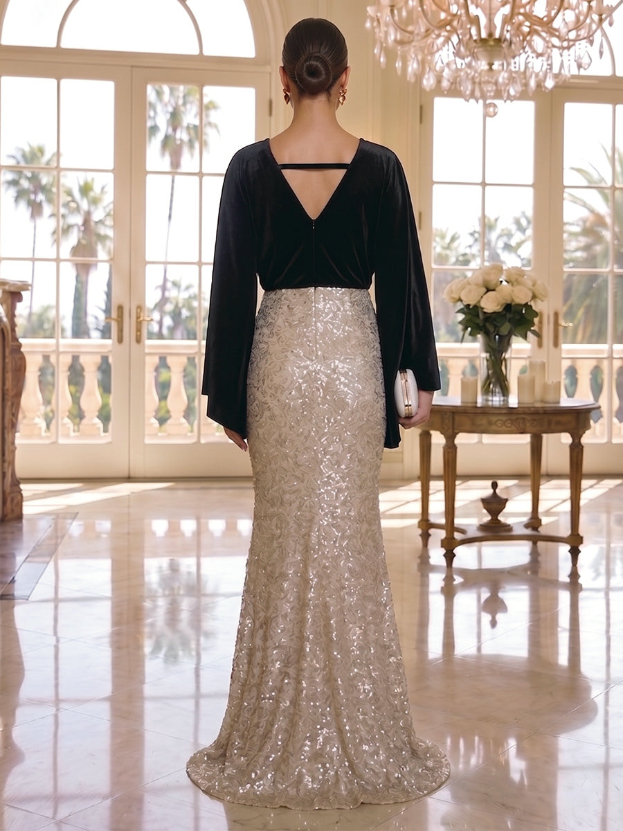 Trumpet/Mermaid V-Neck Velvet Evening Dresses Floor-Length Long Sleeves Formal Dresses Sequins