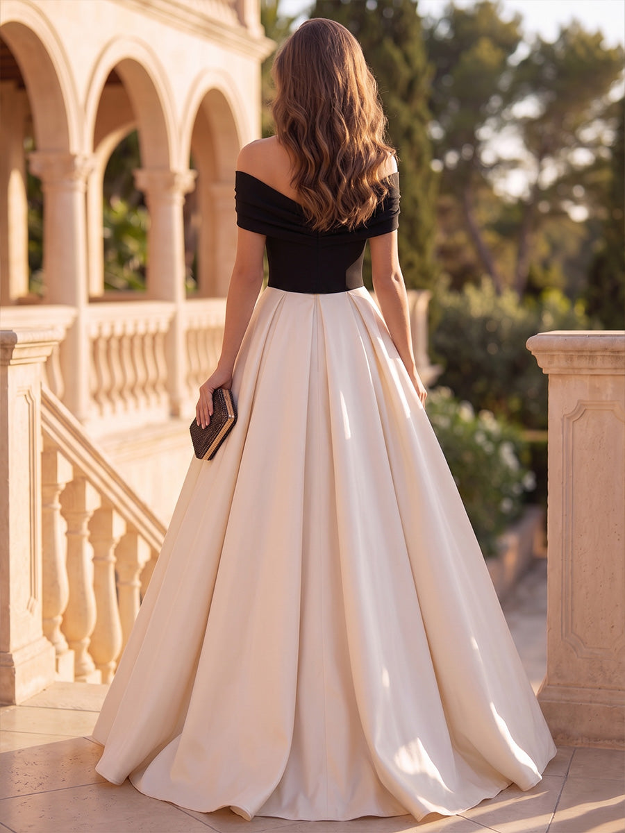 A-Line/Princess Off-the-Shoulder Satin Evening Dresses Floor-Length Sleeveless Formal Dresses