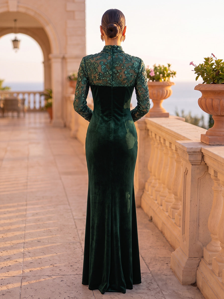 Trumpet/Mermaid Mock Neck Velvet Evening Dresses Floor-Length Long Sleeves Formal Dresses Floral