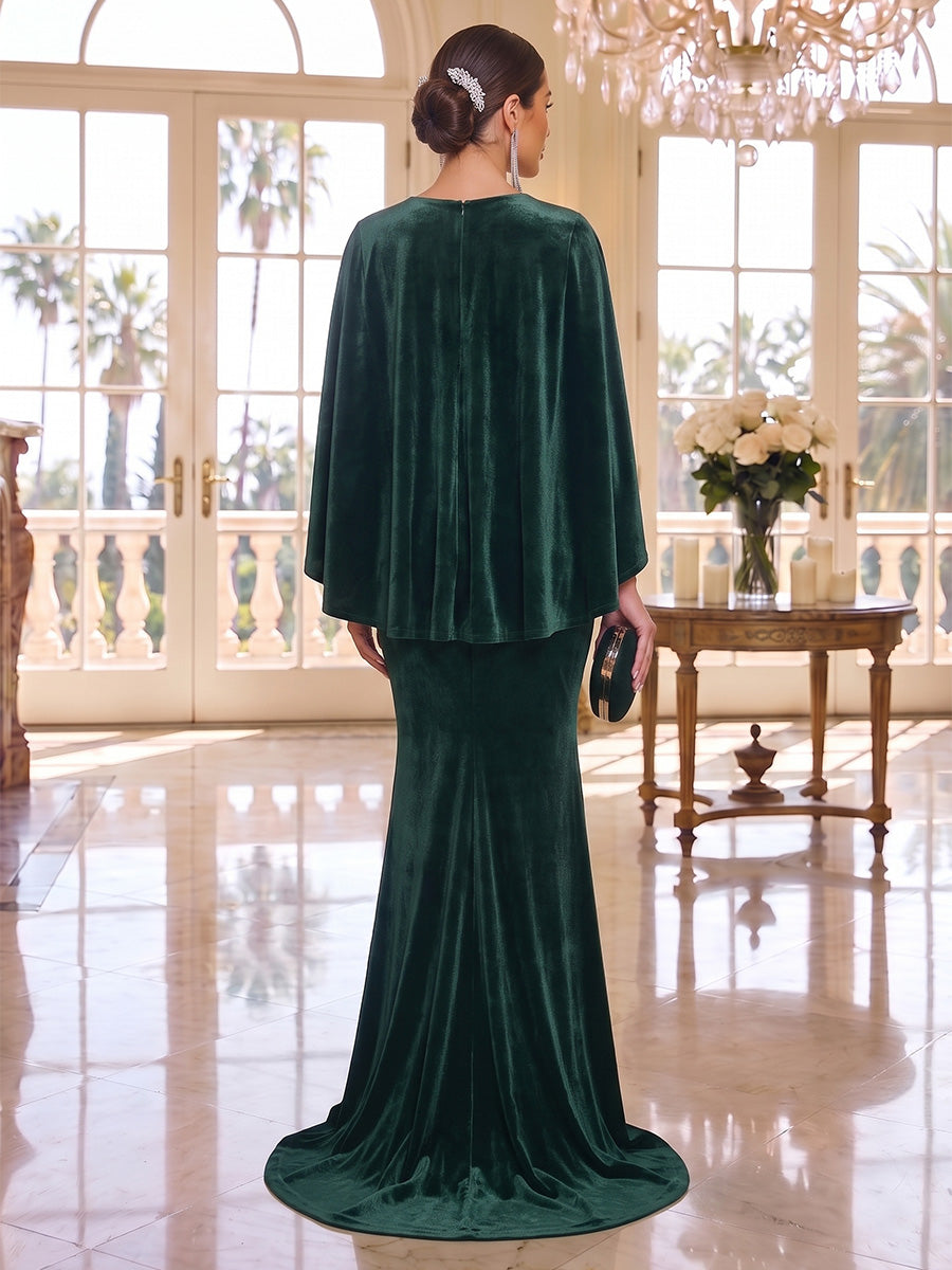 Trumpet/Mermaid V-Neck Velvet Evening Dresses Floor-Length Cape Sleeves Formal Dresses Ruched