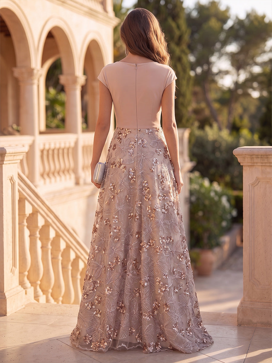 A-Line/Princess V-Neck Formal Dresses Floral Sequins Floor-Length Short Sleeves Evening Dresses Ruched