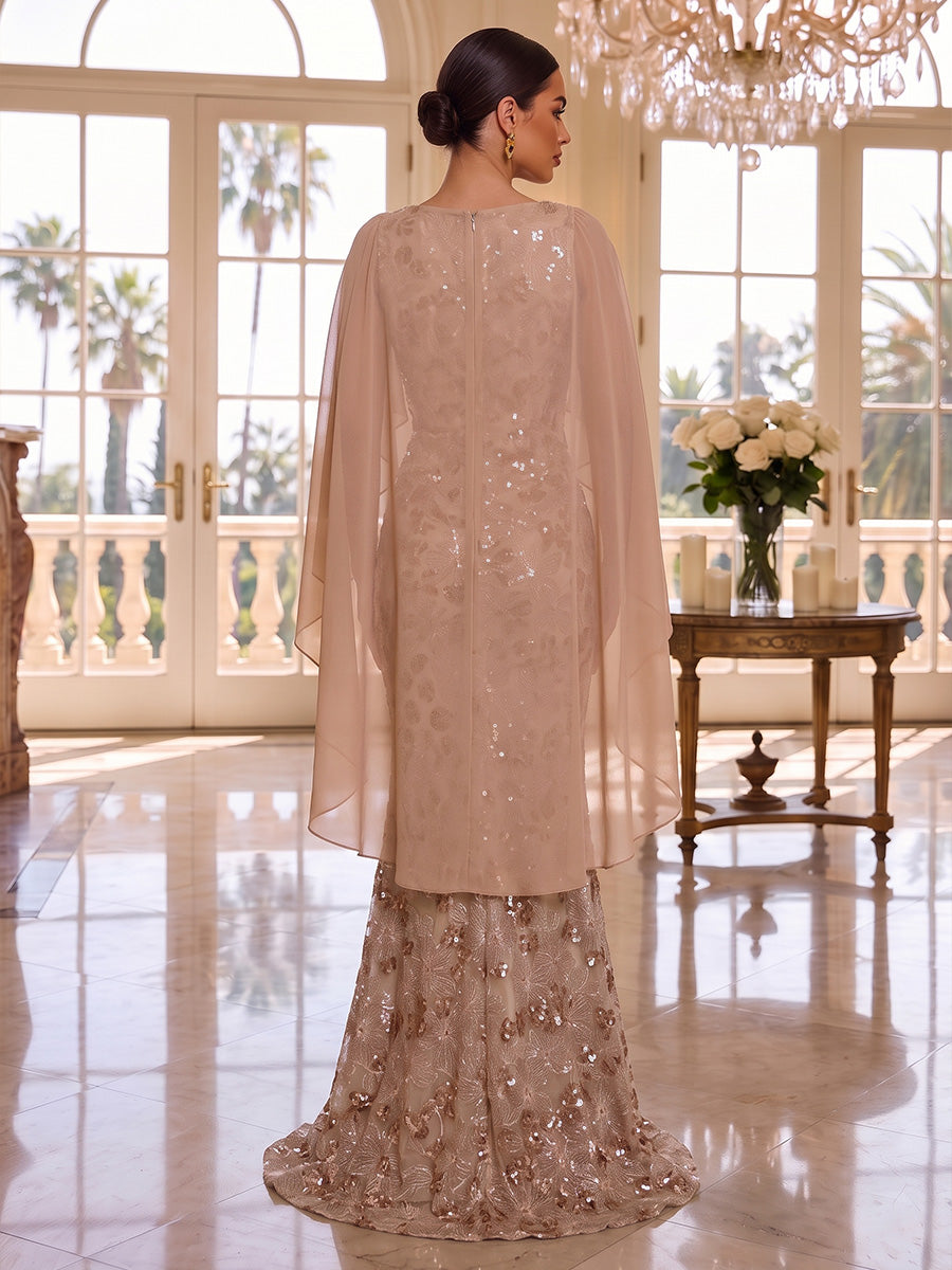 Trumpet/Mermaid Boat Neck Sequins Evening Dresses Floor-Length Cape Sleeves Formal Dresses Floral