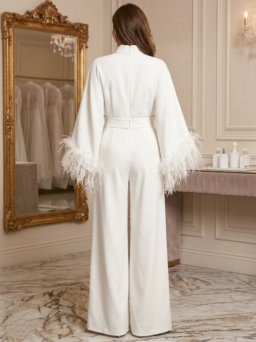 Jumpsuits Mock Neck Stretch Satin Formal Dresses with Feathers Floor-Length Long Sleeves Evening Dresses