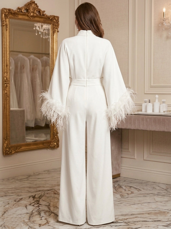 Jumpsuits Mock Neck Stretch Satin Formal Dresses with Feathers Floor-Length Long Sleeves Evening Dresses