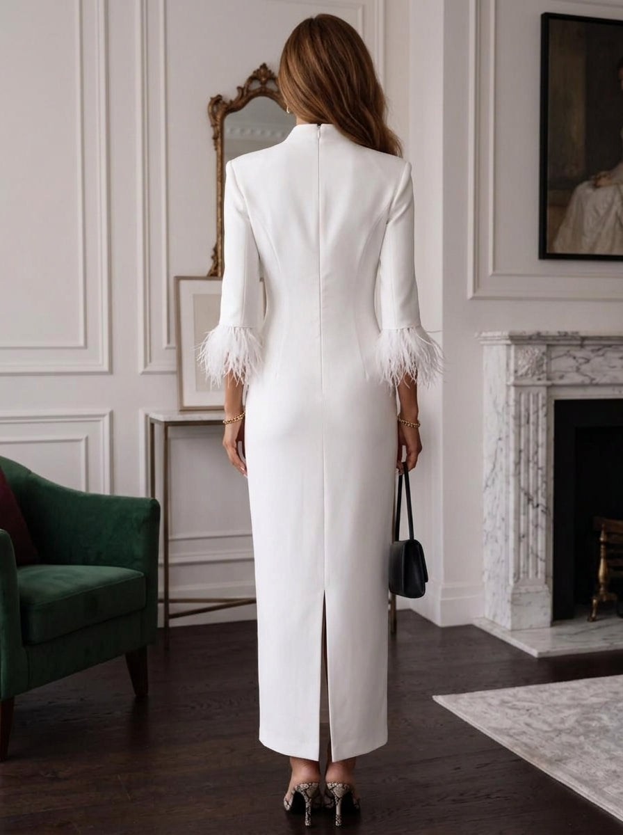 Sheath/Column V-Neck Stretch Satin Formal Dresses with Feathers Ankle-Length 3/4 Sleeves Evening Dresses