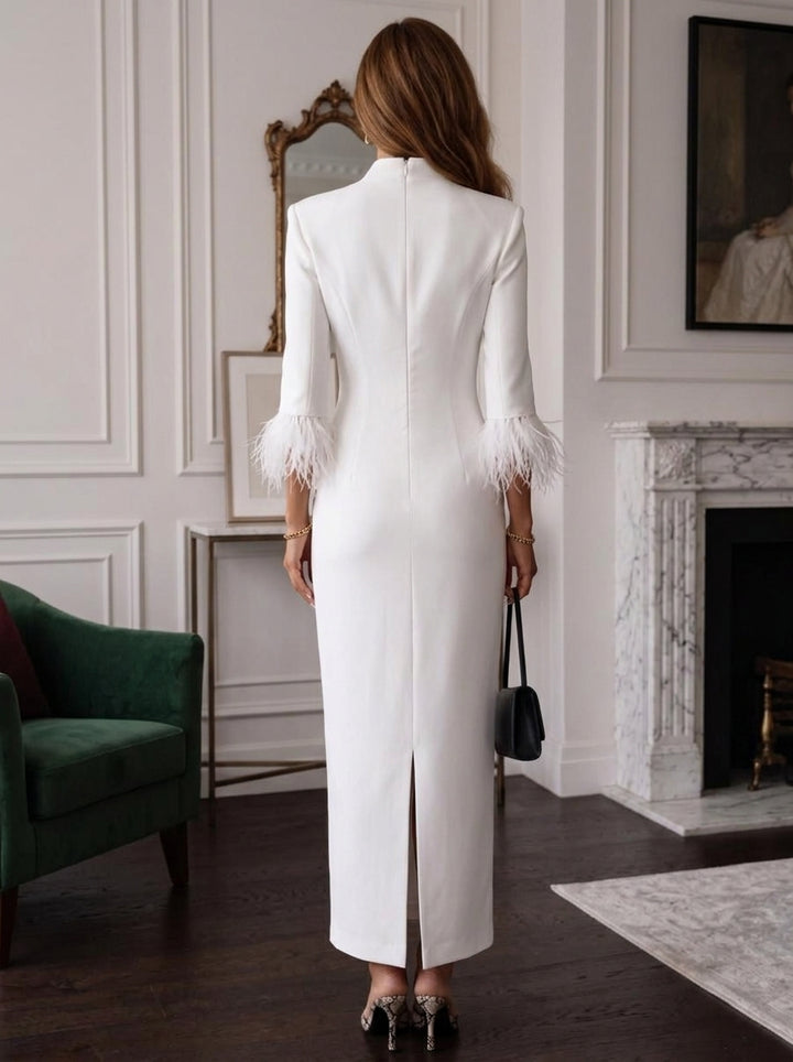 Sheath/Column V-Neck Stretch Satin Formal Dresses with Feathers Ankle-Length 3/4 Sleeves Evening Dresses