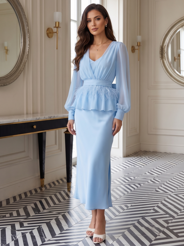 Sheath/Column V-Neck Chiffon Formal Dresses with Feathers Tea-Length Long Sleeves Ruffles Evening Dresses