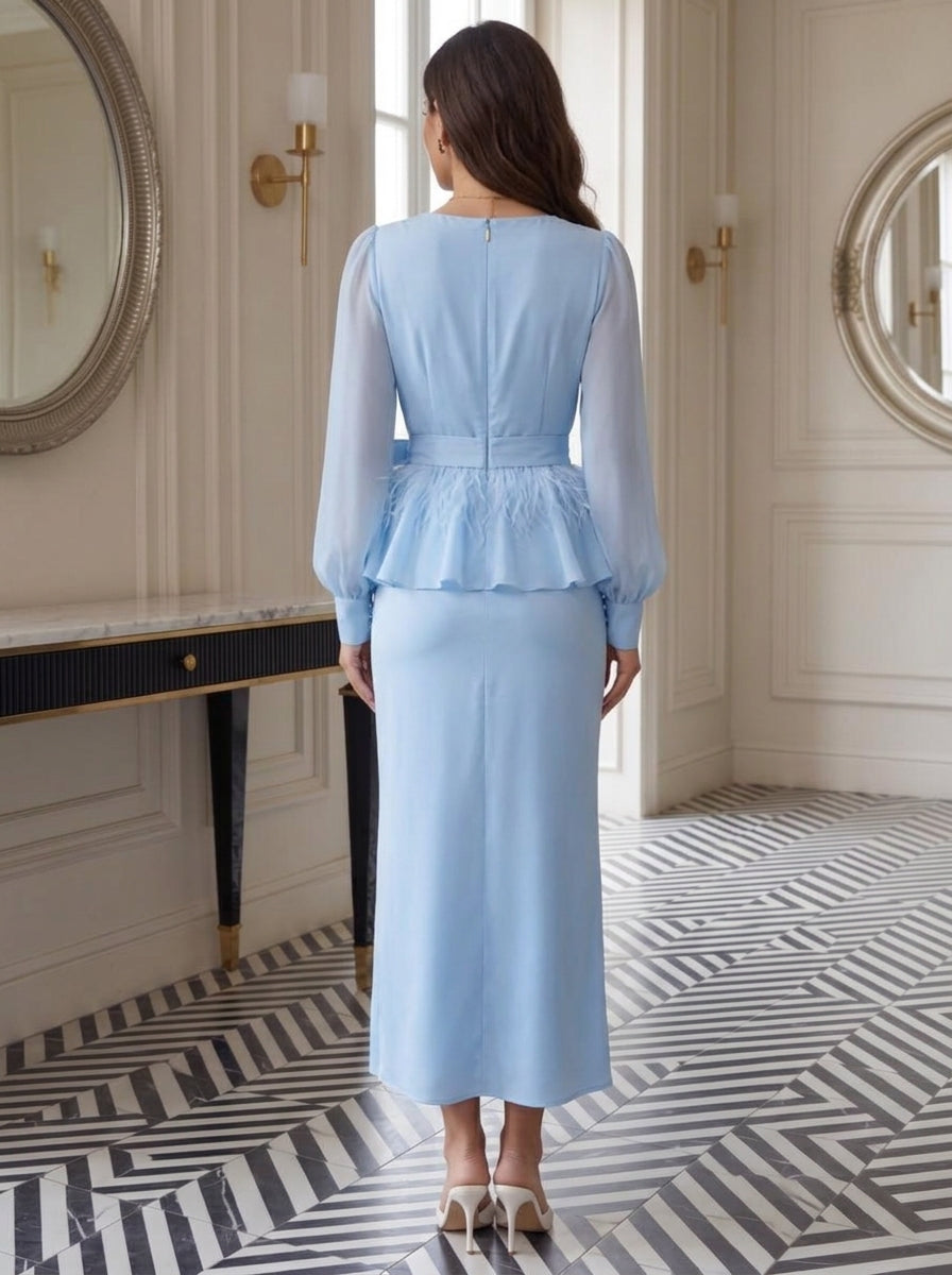 Sheath/Column V-Neck Chiffon Formal Dresses with Feathers Tea-Length Long Sleeves Ruffles Evening Dresses