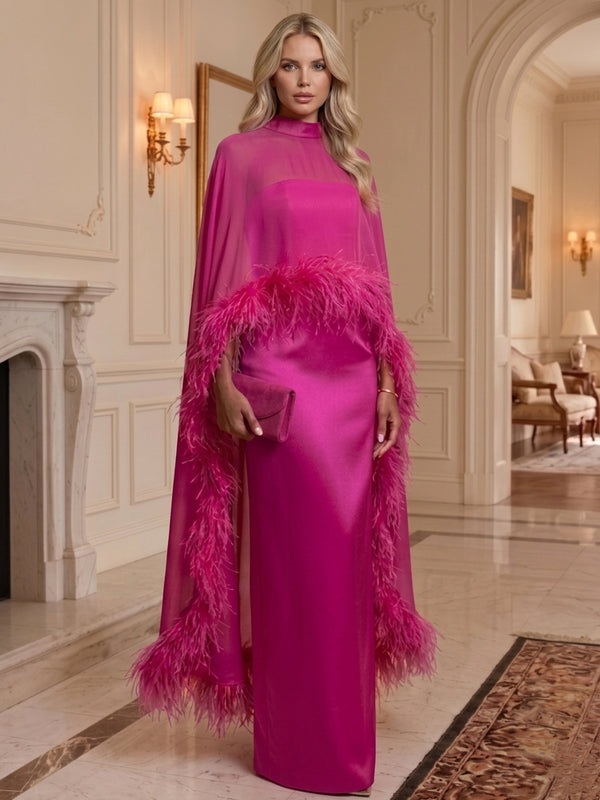 Sheath/Column Mock Neck Silk Satin Formal Dresses with Cape Chiffon Feathers Floor-Length Evening Dresses