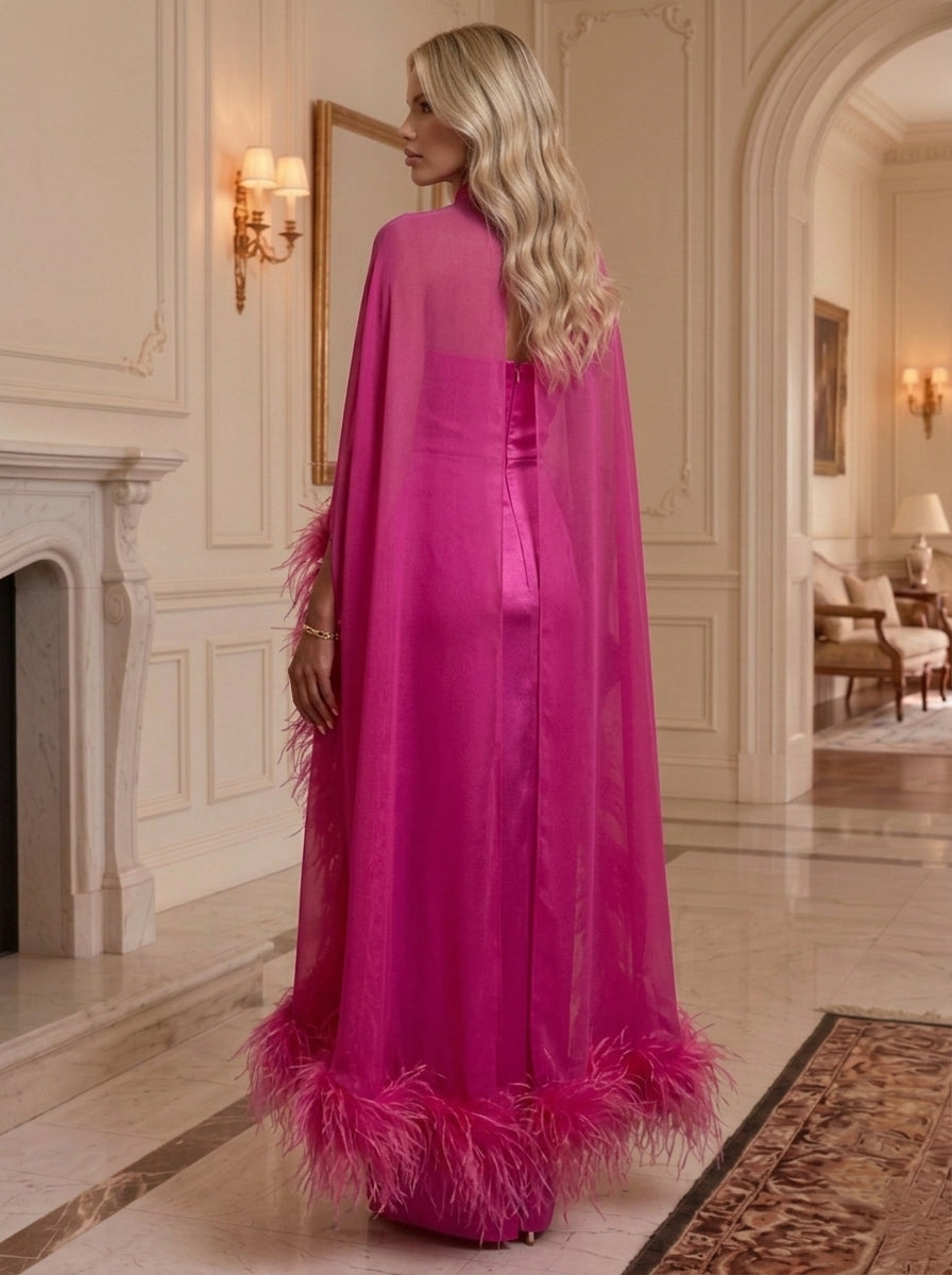 Sheath/Column Mock Neck Silk Satin Formal Dresses with Cape Chiffon Feathers Floor-Length Evening Dresses